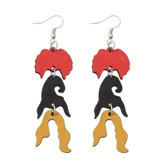 Hocus Pocus Halloween Red Black Yellow Witch Head Tassel Design Dangle Earrings - Picture 2 of 3